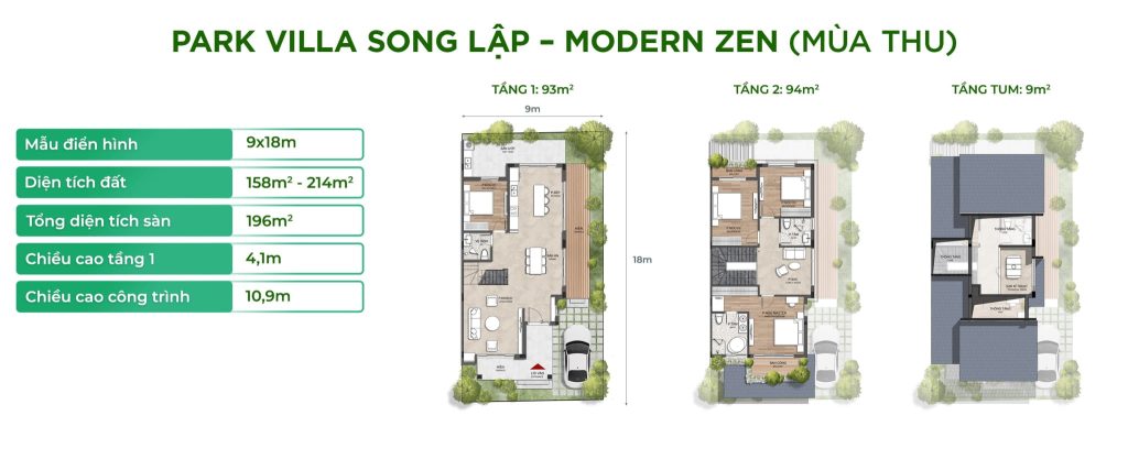 Diện tích Park Villa Song lập - Modern Zen (Mùa Thu)