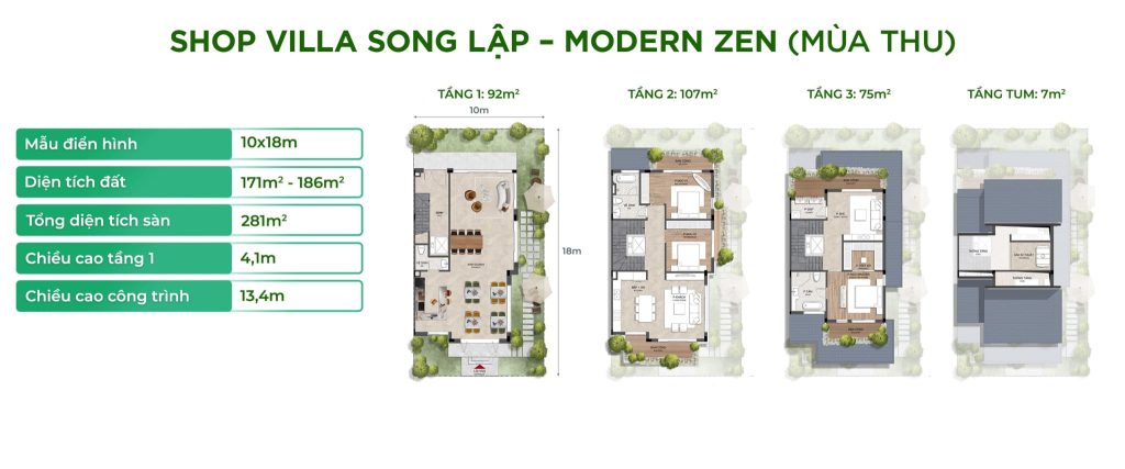 Diện tích, thiết kế Shop Villa Modern Zen