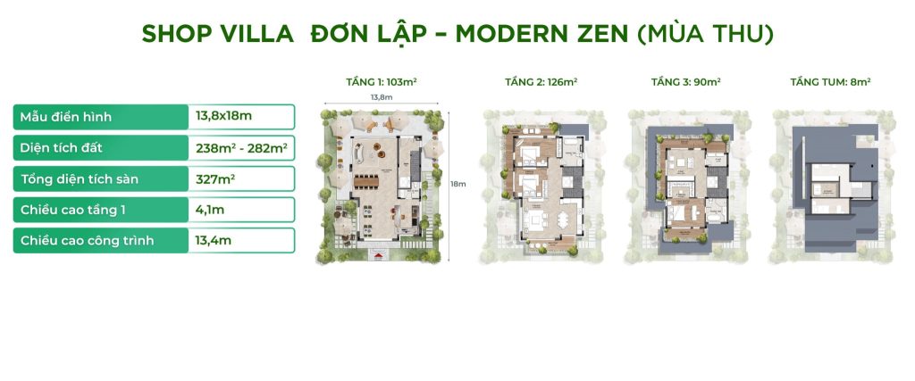 Diện tích, thiết kế Shop Villa Đơn lập Modern Zen