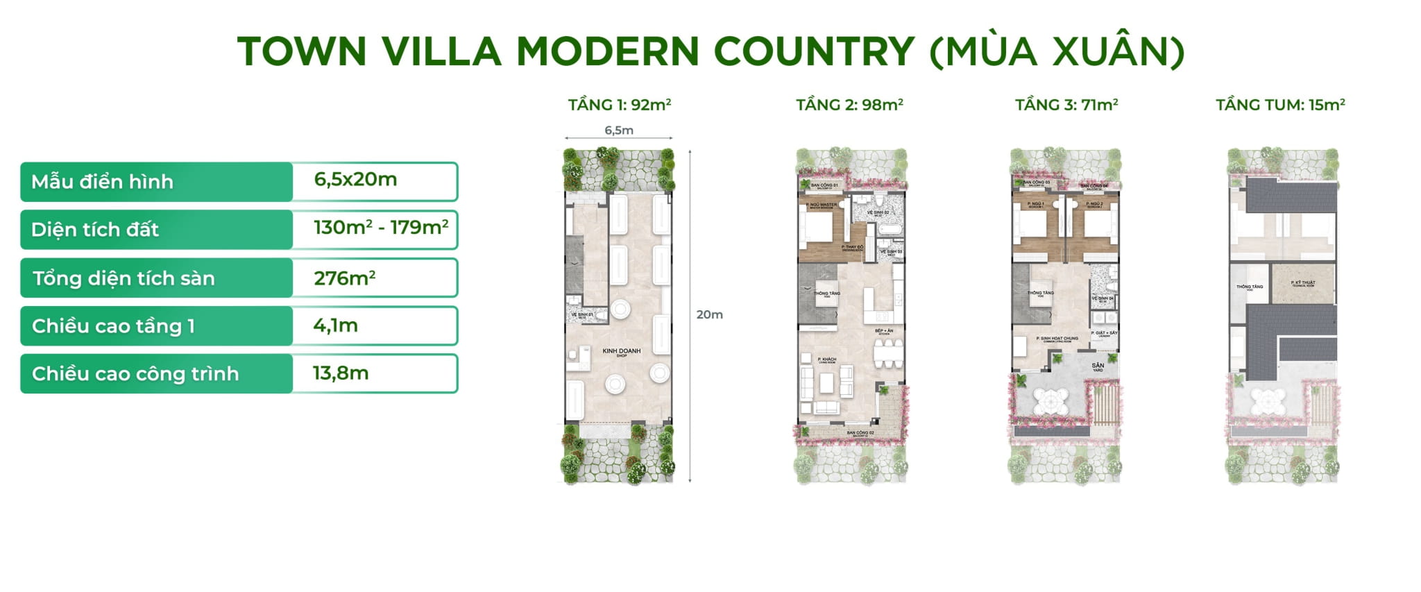Diện tích, thiết kế mặt sàn Town Villa Modern Country (Mùa xuân)